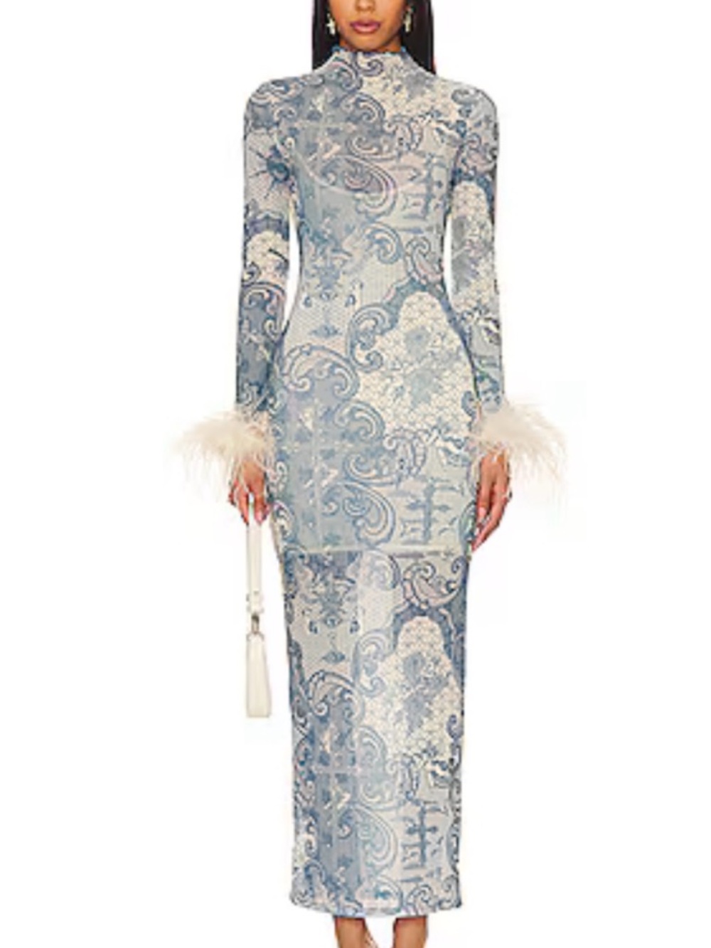 LOBA Light Blue Paisley Sheer Maxi Dress with Feather Cuffs